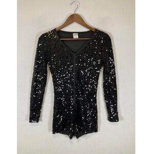 Glam Disco Spirit Women Small Black Sequin Long Sleeve V-Neck Zip Front Romper